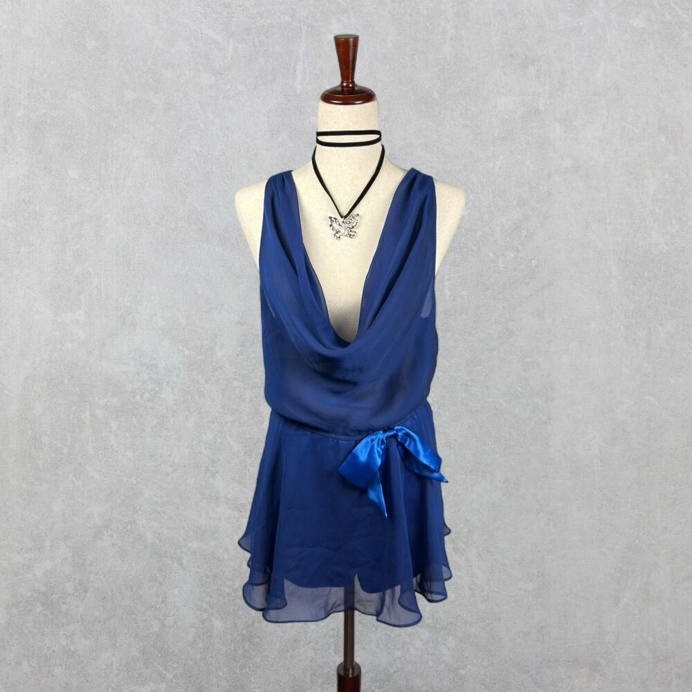 Vintage 80s Victoria’s Secret Gold Label Sheer Cobalt Blue Deep Cowl Neck Romper